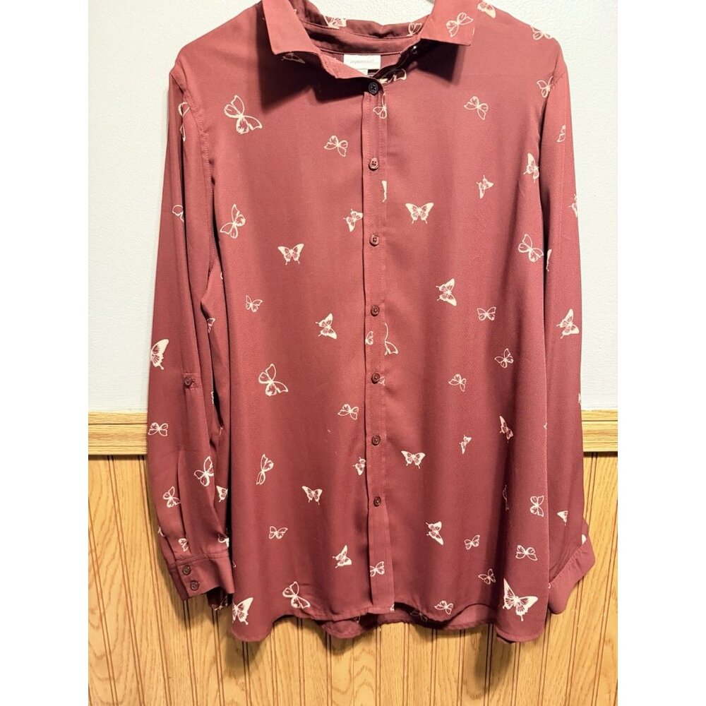Avenue Women’s Butterfly Buttoned Up Burgundy Blouse size XL 18-20